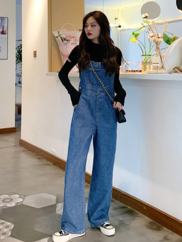 Suitable for hips and thighs thick straight denim overalls for women Korean style loose autumn style student retro large size wide leg pants