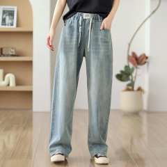 2024 New Light Color Slim Retro Elastic Waist Drawstring Wide Leg Jeans for Women High Waist