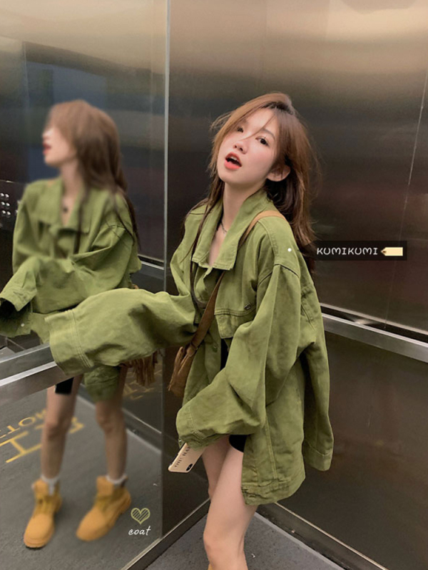 Lazy style long-sleeved loose green denim jacket for women autumn and winter retro mid-length couple jacket cardigan top