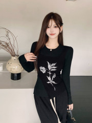 New Chinese style black long-sleeved fat MM bottoming sweater with printed slits and irregular two-piece set