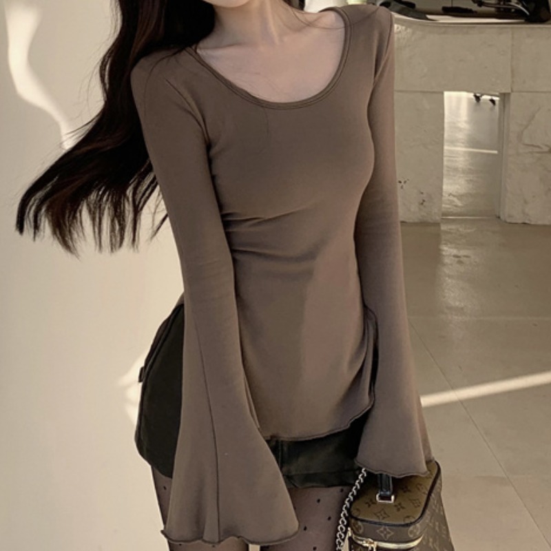 Bell Sleeve T-shirt Women's Autumn and Winter Irregular Slim Slit Top