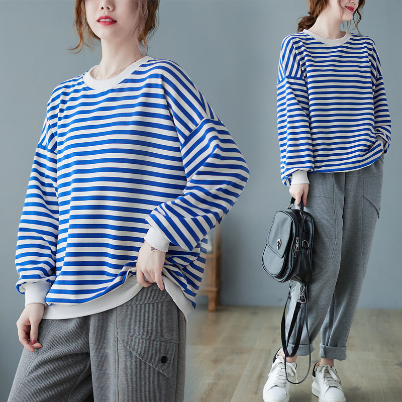 Plus size women's fat MM pure cotton color blue striped casual loose sweatshirt