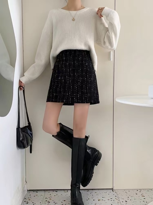 Plus size fat mm small fragrant style sub-skirt high waist hip short skirt autumn new one-step skirt plaid a-line skirt