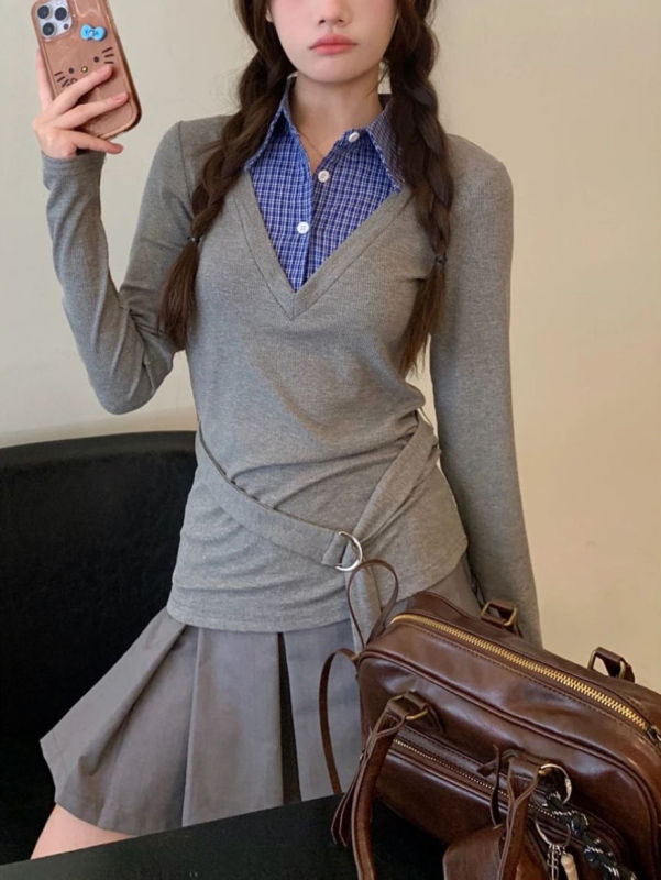 Large size slim, fashionable and versatile commuting warm winter long-sleeved fake two-piece T-shirt + belt