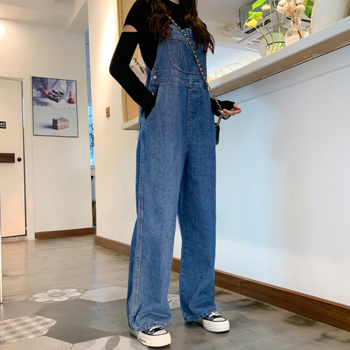 Suitable for hips and thighs thick straight denim overalls for women Korean style loose autumn style student retro large size wide leg pants