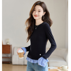 2024 new autumn and winter chic niche versatile long-sleeved tops fashionable black stitching plaid T-shirt
