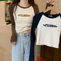 Women's right shoulder T-shirt long sleeve autumn new contrasting color slim bottoming shirt with short tight top autumn