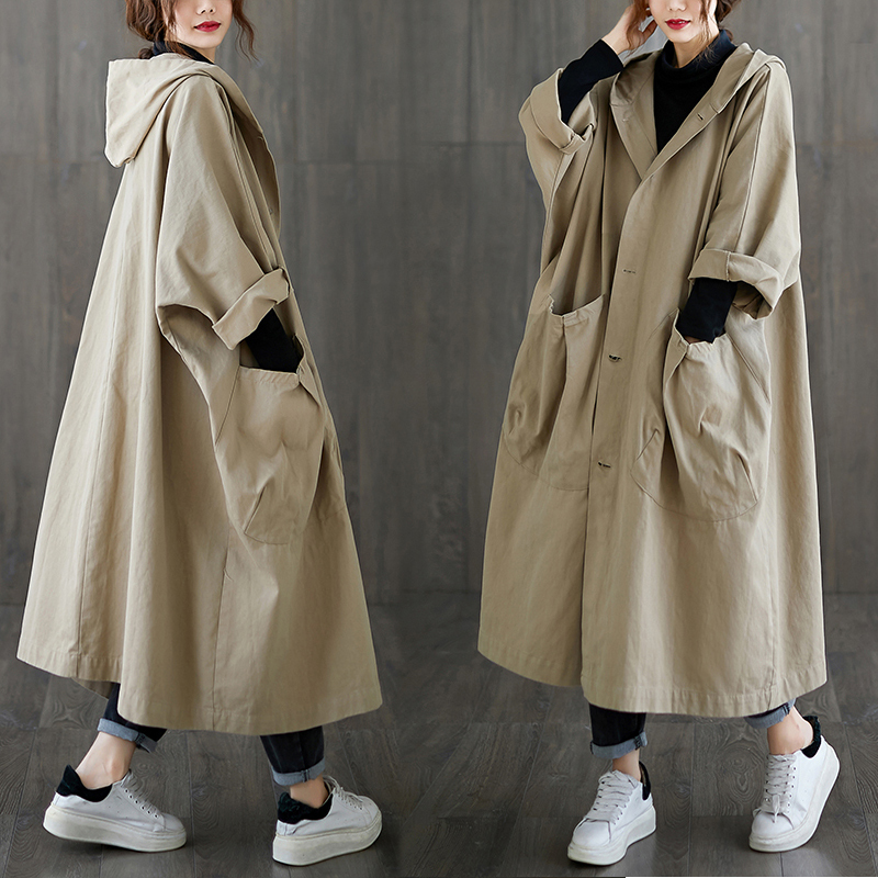 2024 autumn and winter new style literary loose large size knee-length large pocket windbreaker jacket women's hooded casual and versatile