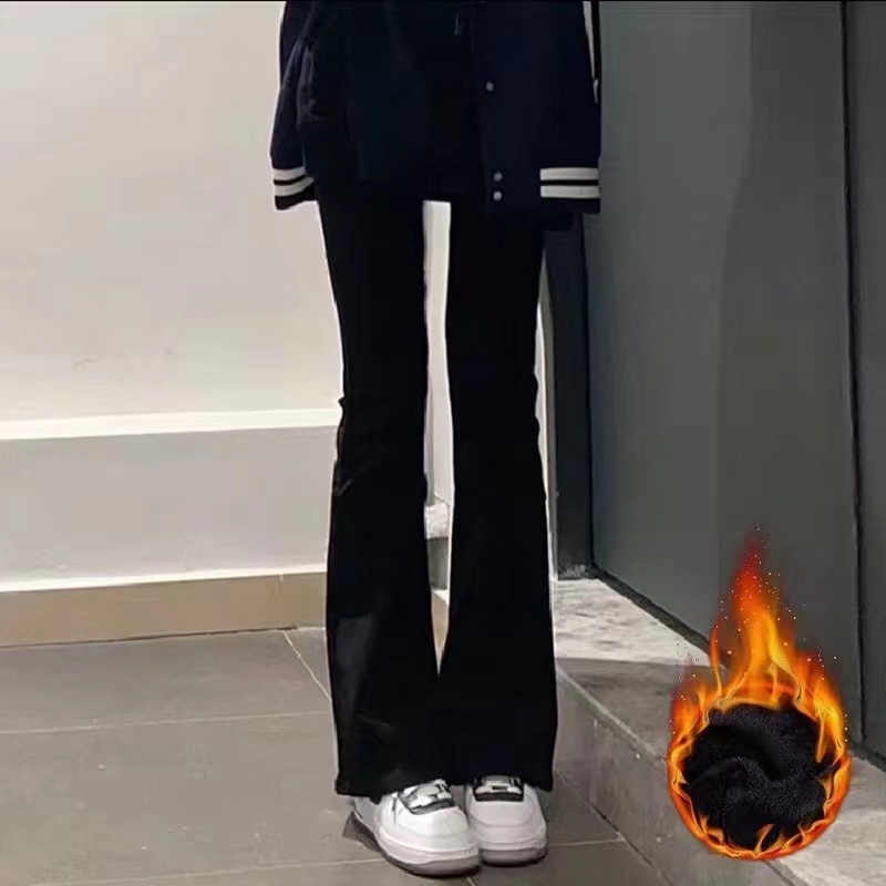 Velvet black micro-flared jeans for women, plus size, loose, slim, plus velvet, new high-waisted wide-leg straight trousers