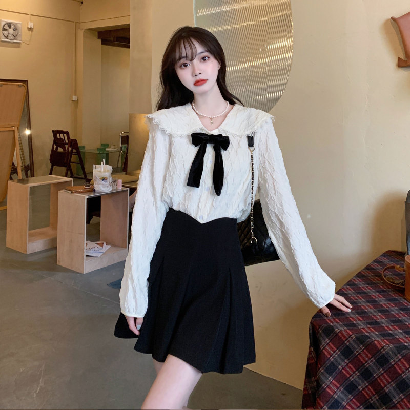 Plus size women's loose baby doll lapel lace shirt fat mm sweet shirt + skirt set two-piece set
