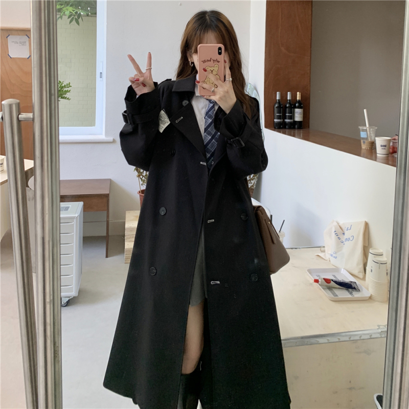 Fat MM black windbreaker women's autumn new double-breasted square collar coat small mid-length top