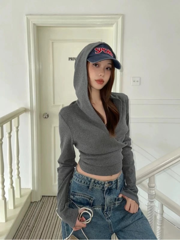 Large size hooded cross v-neck gray long-sleeved T-shirt for women in autumn new fat MM design slim short top