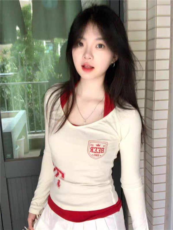 American sports hottie elastic waist V-neck long-sleeved T-shirt women's early autumn halter neck inner vest top two-piece set