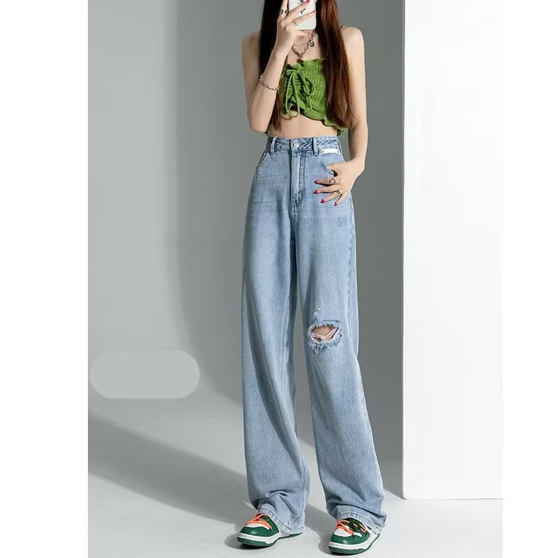 Women's lazy wide-legged trousers, washed high-waisted trendy new jeans, simple dark color, versatile Japanese style