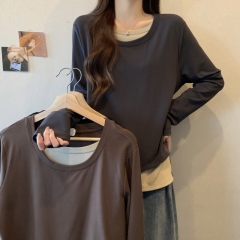 Autumn and winter new style plus velvet and brushed fake two-piece T-shirt for fat girls, loose slimming round neck T-shirt top
