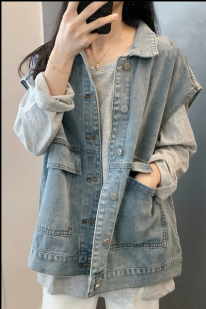 New large size fat mm denim vest women's loose outer sleeveless waistcoat work jacket top