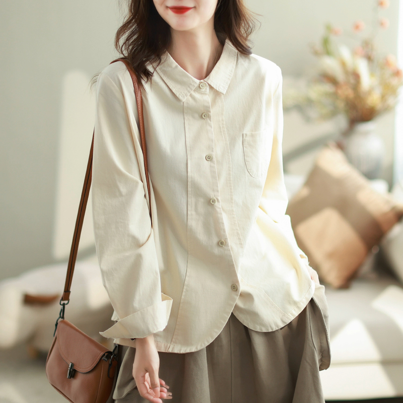 Autumn New Artistic Women's Tops Solid Color Loose and Versatile Cotton Slim Women's Cardigan Shirt