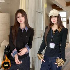 2024 plus size women's fake two-piece American hottie patchwork plaid warm and thickened top
