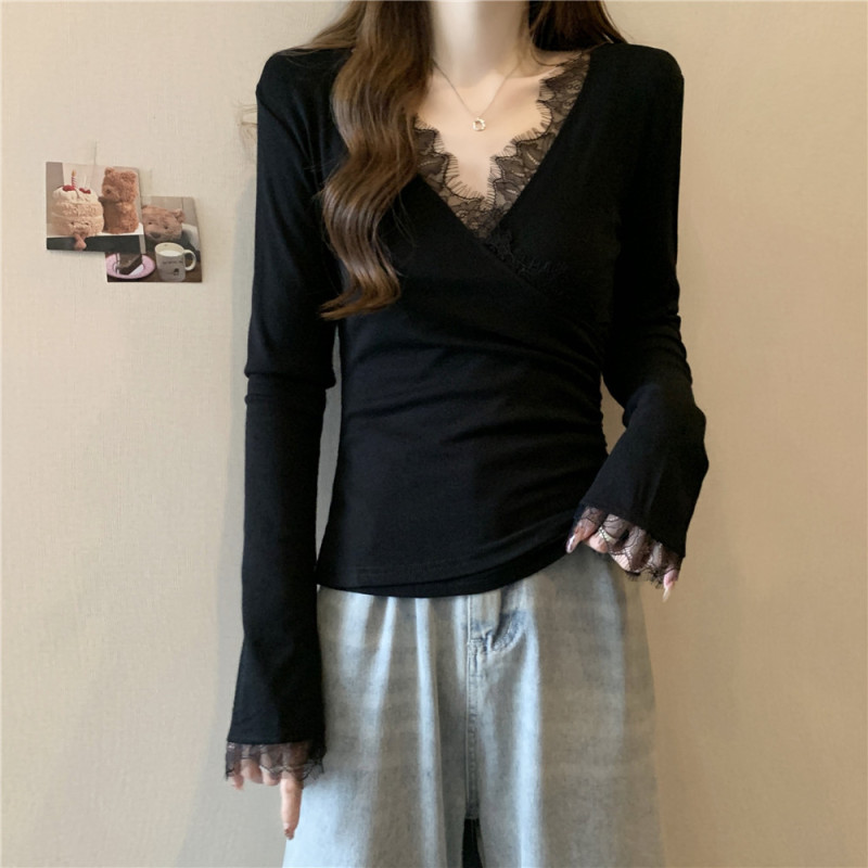 Large size design sense cross lace splicing knitted T-shirt women's slimming long-sleeved bottoming shirt
