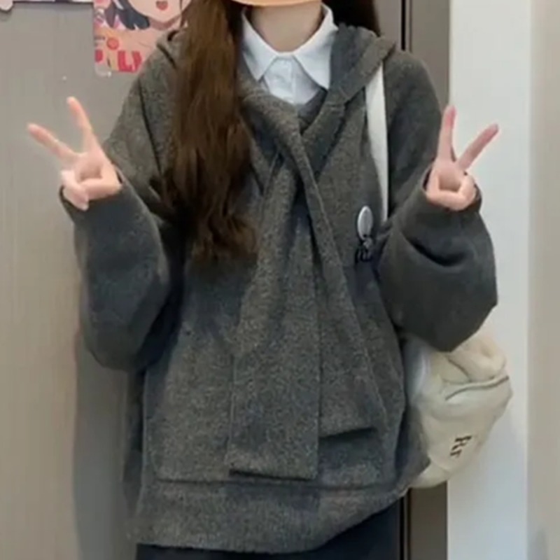 Korean style college style gray hooded pullover sweater for women autumn and winter loose soft waxy sweater top