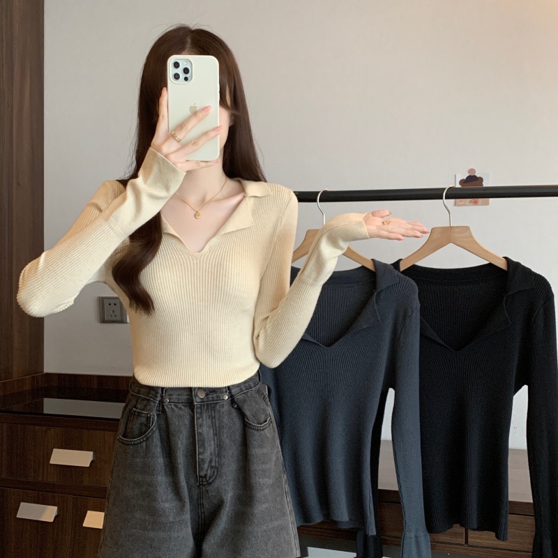 Large size small lapel bell sleeve versatile knitted top