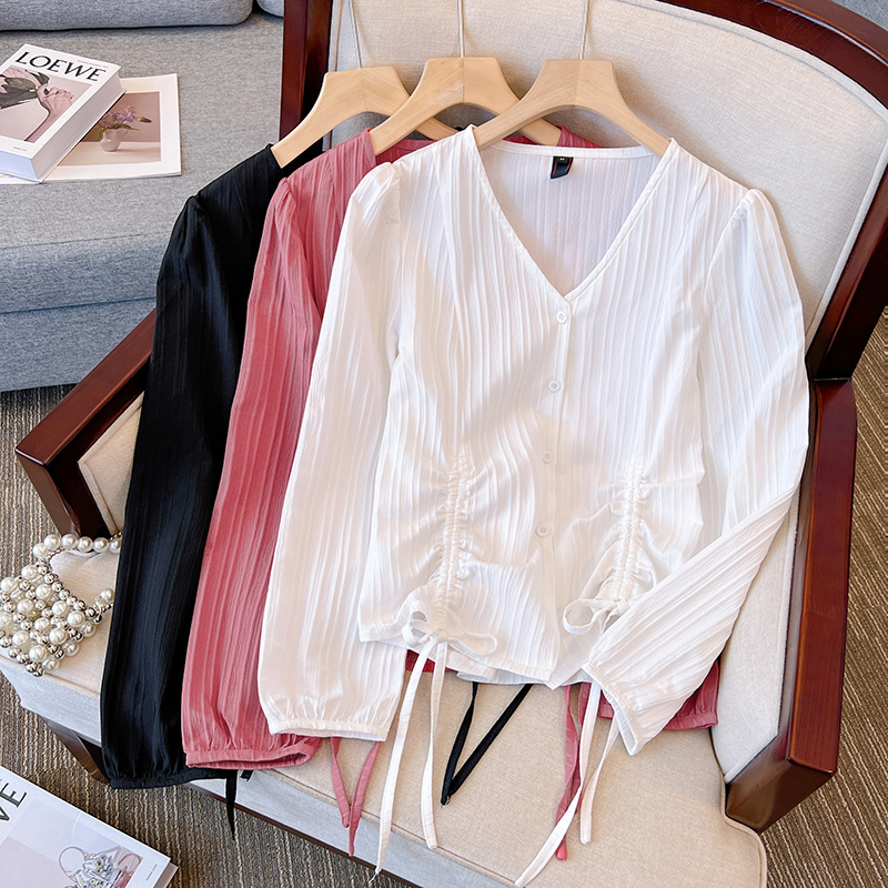 Autumn new style fat girl's side drawstring to show softness long-sleeved shirt and blouse
