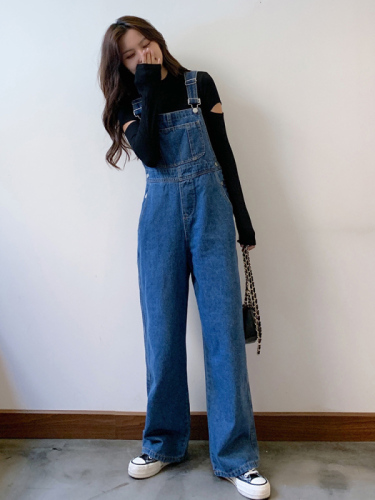 Suitable for hips and thighs thick straight denim overalls for women Korean style loose autumn style student retro large size wide leg pants