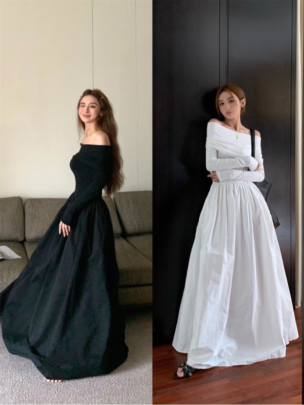 Retro high-end black one-shoulder dress for women in autumn and winter with inner long skirt, waist-cinching temperament, a-line skirt