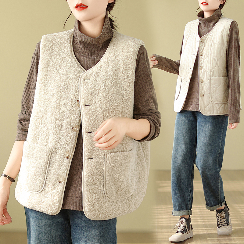 New autumn and winter quilted imitation lamb wool warm sleeveless large pocket vest for women practical reversible design vest