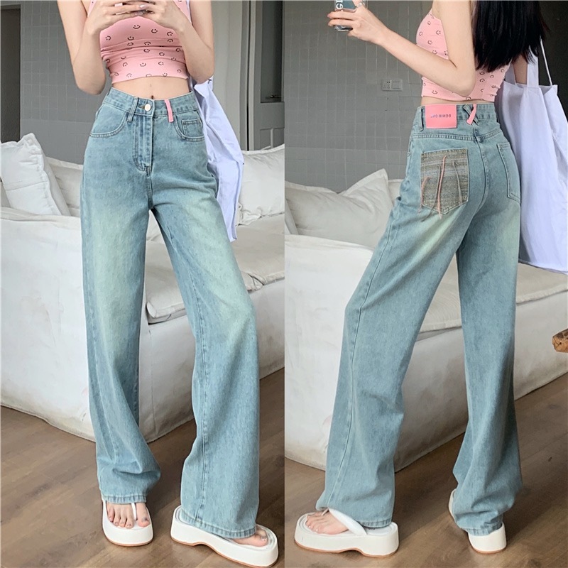 Designed pockets, trendy leather brand large size jeans, women's ins trendy wide-leg fat mm straight-leg floor-length loose pants