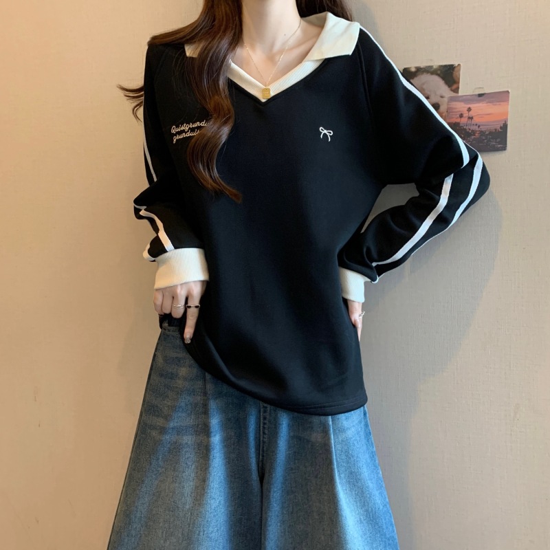 American embroidery contrasting color polo collar sweatshirt for women spring and autumn new loose long-sleeved top