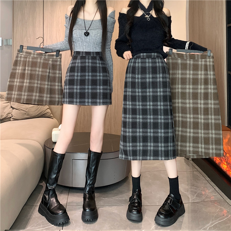 Plus size fat MM winter Korean style thickened woolen high-waisted long and short skirt chi plaid mid-length skirt for women