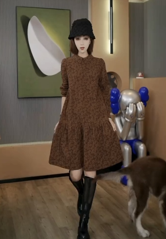 Jacquard dress commuter long-sleeved loose ruffle skirt mid-skirt spring and autumn