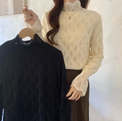 Large size fat mm half turtleneck lace bottoming shirt autumn and winter new solid color inner layer with foreign style velvet thickened top
