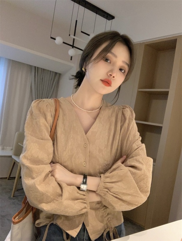 Large size autumn long-sleeved shirt women's design niche French style chic V-neck short top