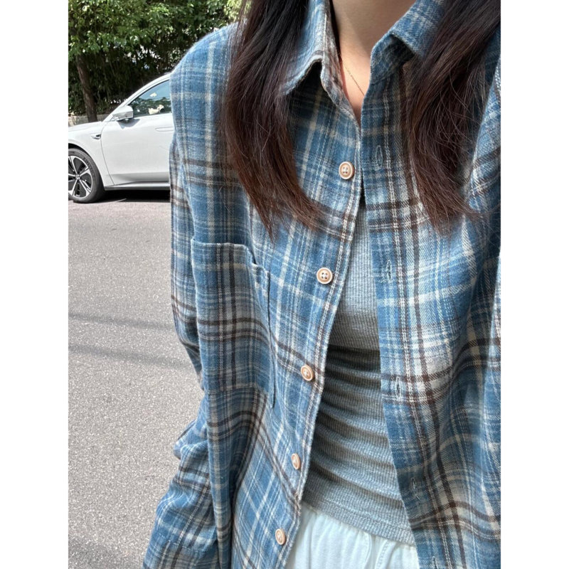 Brushed blue plaid long-sleeved shirt jacket for women 2024 early autumn new French retro temperament top design