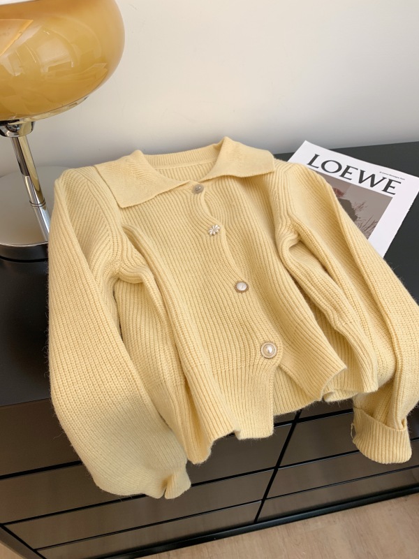 Lapel soft waxy sweater cardigan for women autumn new style gentle style age-reducing foreign style short knitted jacket