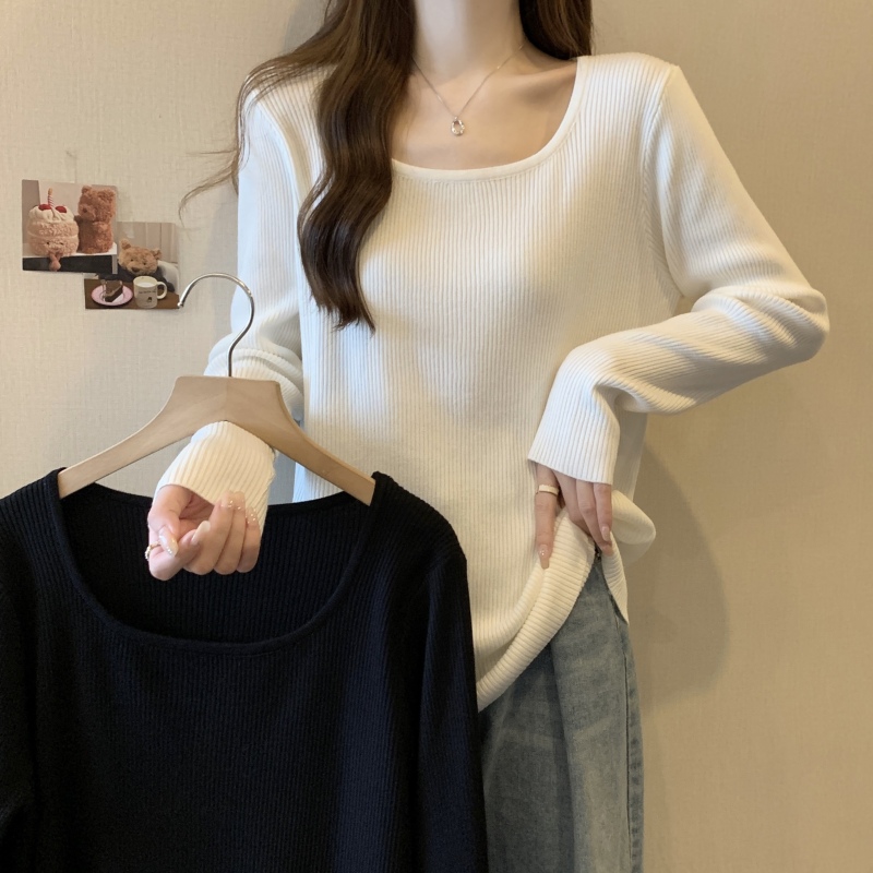Fat girl large size autumn and winter square collar exposed collarbone pit strips loose slimming sweater long-sleeved top