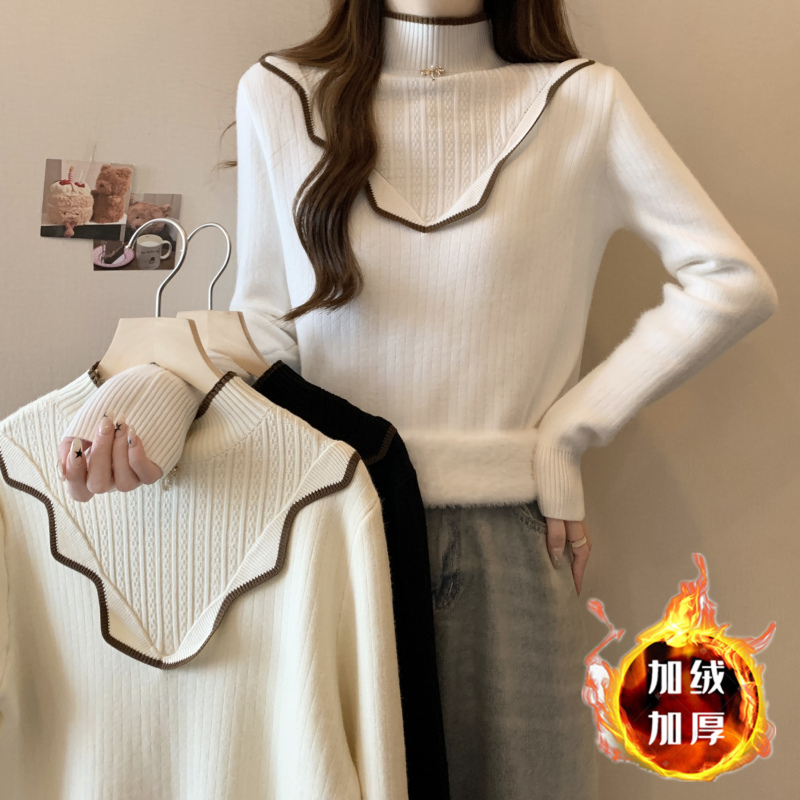 Large size fungus-edged long-sleeved velvet thickened bottoming knitted top