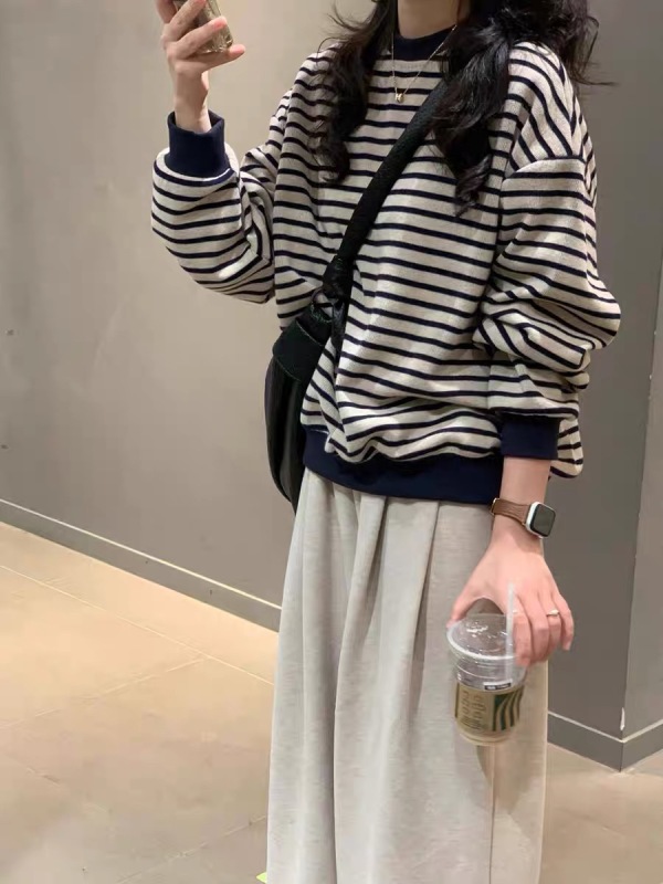 Retro Striped Long Sleeve Round Neck Sweater Women's Autumn Clothing 2024 New Loose Design Casual Sweater Knitted Top