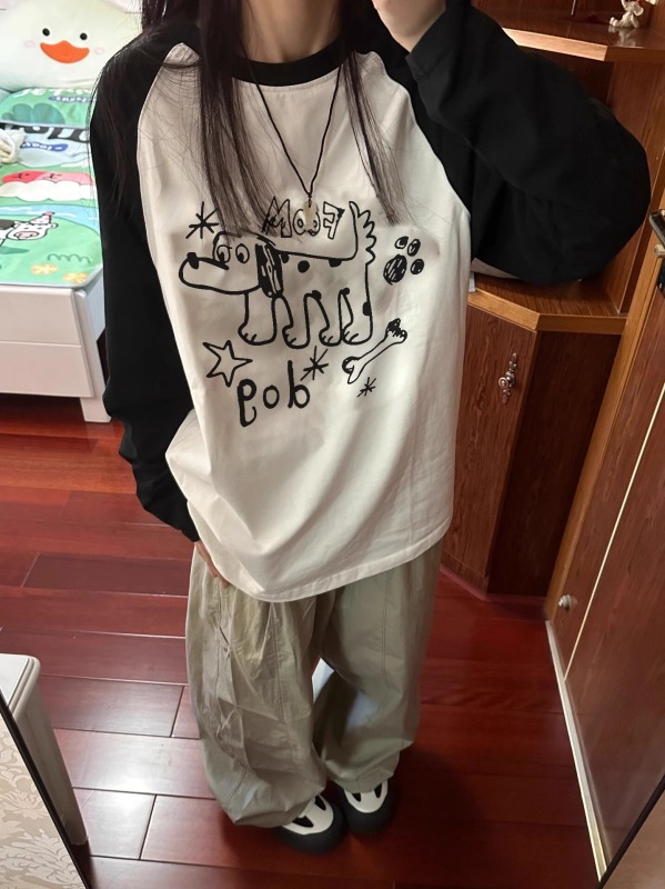 220g finely spaced 100% cotton T-shirt 2024 autumn long-sleeved patchwork color matching