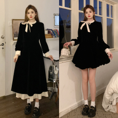 Contrast color stand collar bow dress French ruffle slimming little black dress