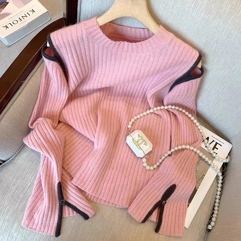 French style lazy pink off-shoulder sweater top for women autumn new style gentle temperament fashionable bottoming sweater