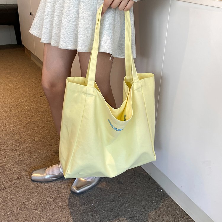 Cream yellow embroidered canvas bag female ins Japanese girl cute large capacity shoulder shopping bag class tote bag
