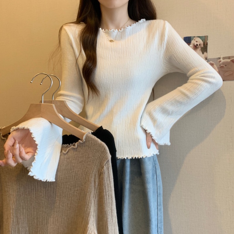 Large size Korean style fungus edge trumpet sleeve sweater slim short sweater women's long sleeve bottoming shirt top