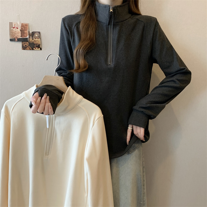 Autumn and winter fat MM new zipper half turtleneck plus velvet warm T-shirt slim design versatile bottoming shirt for women