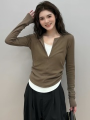 Contrast color fake two-piece long-sleeved T-shirt bottoming shirt for women 2024 new spring and autumn fashion slim niche chic top for women