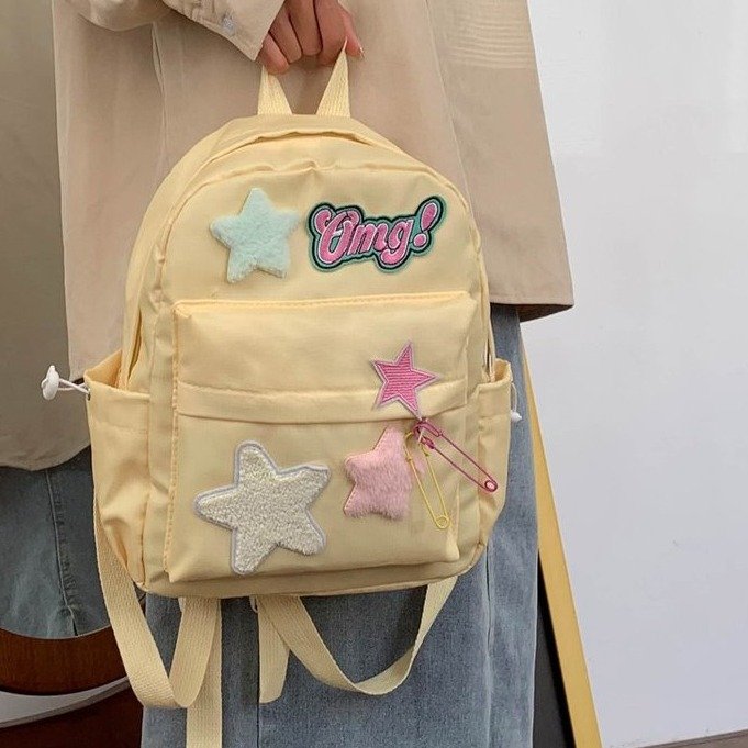 Campus Sweet Cool Milk Yellow Star Schoolbag Pink and White Contrast Color Cute Texture Hot Girl Large Capacity Versatile Backpack