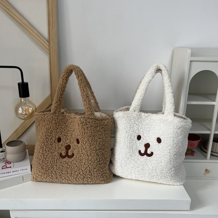 Cute plush bear handbag Korean ins college girl heart embroidery double-sided tote bag