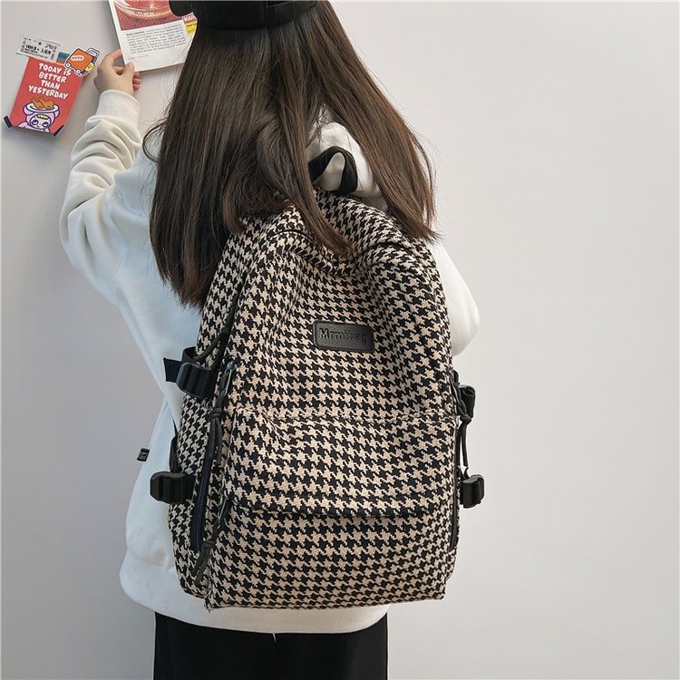 2024 New Japanese Ins Retro Houndstooth Backpack for Women High School Student School Bag Large Capacity Travel Backpack